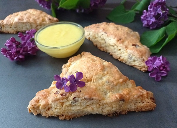 Lilac Scones with Lemon Curd are perfect lilac blossom scones with tangy, smooth, creamy homemade lemon curd to enjoy for breakfast or dessert.