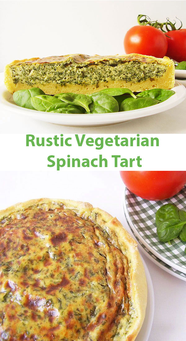 Rustic Vegetarian Spinach Tart: Mediterranean dish at its best ! The taste is irresistible. Crust recipe is made from scratch and filling for this tart is made of chopped spinach, garlic, parmesan, cheese and eggs. Pastry is home made with sour cream and eggs. It is great base for any other vegetarian or meat version.