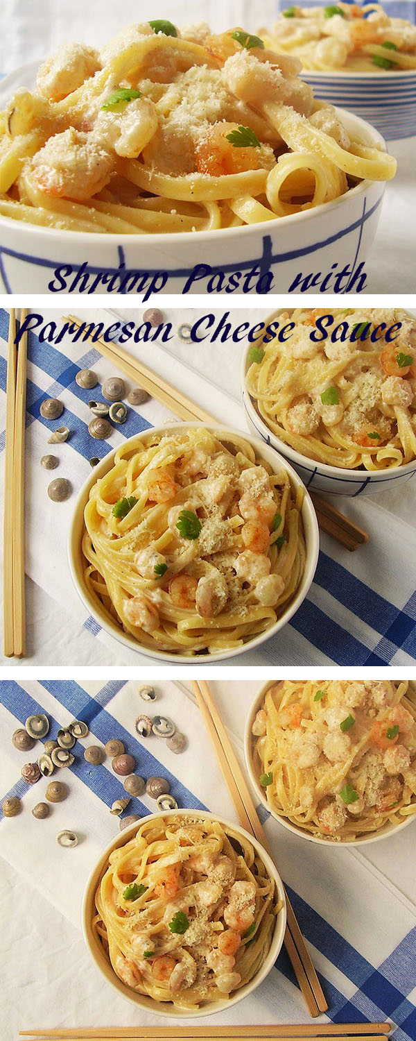 Shrimp Pasta with Parmesan Cheese Sauce: Easily done lunch under all circumstances.