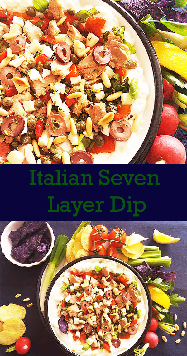 Italian Seven Layer Dip is traditional no bake appetizer bursting with fresh ingredients, tuna and nuts. Ricotta and mozzarella make it complete. Crostini or grissini can be served instead of potato chips!