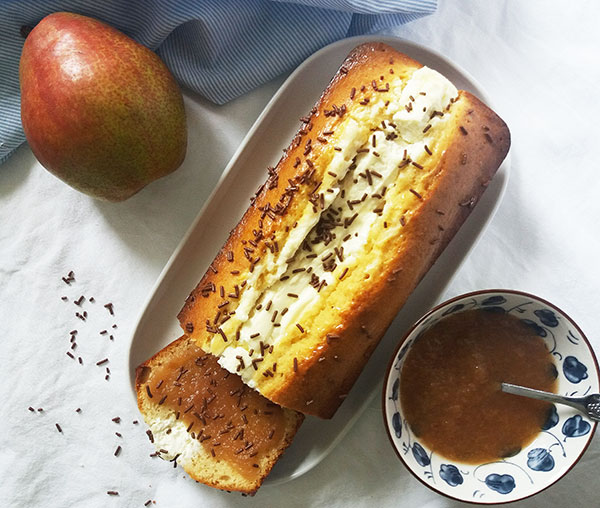 Pear Butter Cream Cheese Bread is the best way to use pears for September breakfast or brunch. Easy rolled cream cheese on the top makes it irresistible!