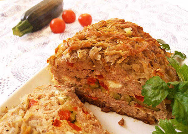 Potato-Crusted Mediterranean Meat Loaf : Every bite of this tender, juicy meatloaf is full of flavours with feta cheese, zucchini slices and bell pepper strips. Potato crust makes it complete !