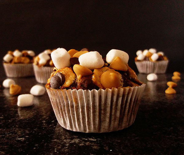 Peanut Butter Rocky Road Muffins are one bowl and fork chocolate chips, peanut butter chips and mini marshmallows bites. Highly recommended for all rocky road fans!