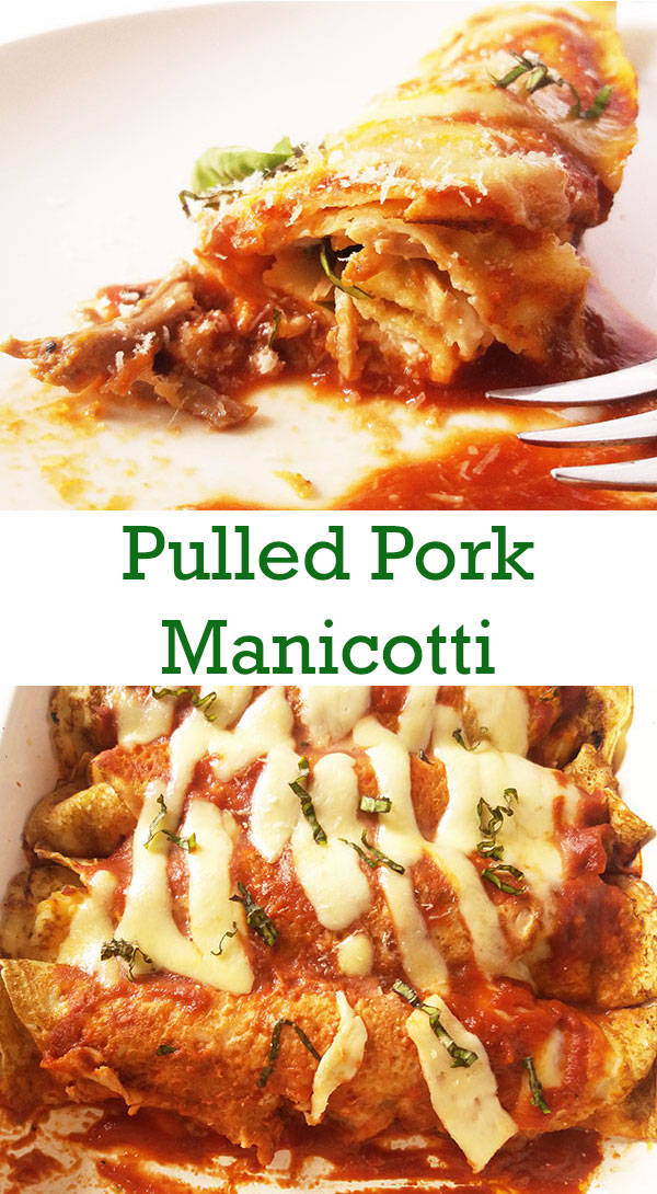 Manicotti Crepes with Pulled Pork is irresistible homemade fusion of Italian and American cuisine, loaded with parmesan, mozzarella, and ricotta cheese. Pulled pork gives great American kick, and it’s all cooked in tomato sauce to have delicious main dish.