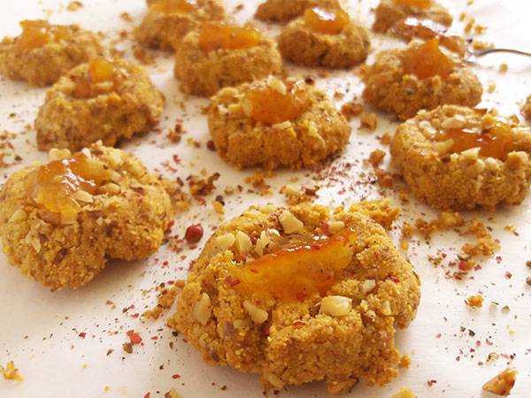 Spicy Polenta Thumbprint Cookies : parmesan and chili powder create perfect appetizer combined with coarse polenta and chopped walnuts !