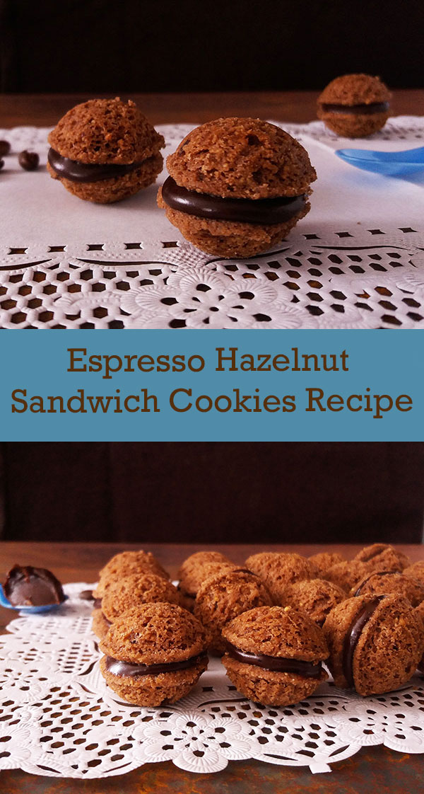 Espresso Hazelnut Sandwich Cookies Recipe is hazelnut and instant espresso sandwich cookies recipe assembled with coffee filling to enjoy for Christmas or any other holidays! Perfect delicately crisp exterior and soft chewy inside. Egg free.