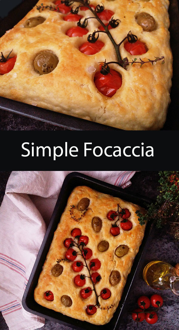 Simple Focaccia is easy Italian focaccia bread recipe using Manitoba flour, olive oil and warm water. Great to enjoy simple slice with wine or cut to make a sandwich but could be served with stew or soup!