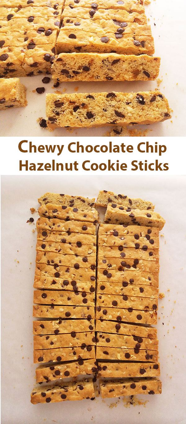 Chewy Chocolate Chip Hazelnut Cookie Bars are rich in flavour, easy to make, cut to bars and perfect to dip into glass of milk. Ready in 30 minutes.