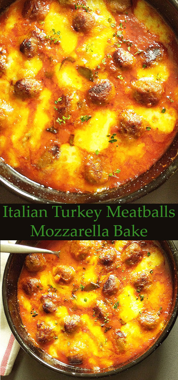  Italian Turkey Meatballs Mozzarella Bake : perfect week dinner, Italian way, served with slices of rustic bread and lettuce.