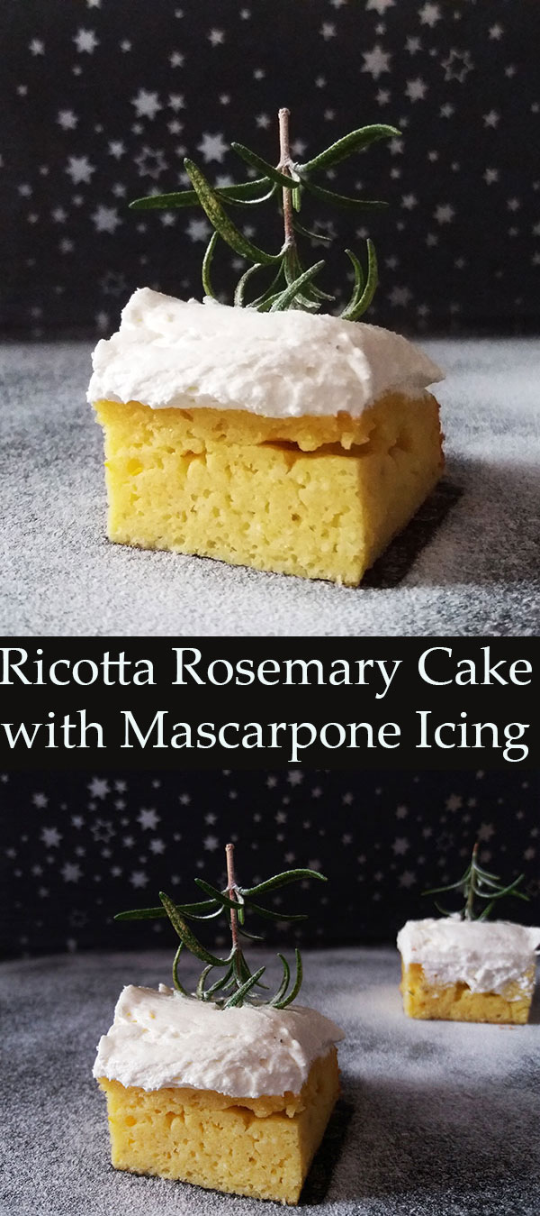 Ricotta Rosemary Cake with Mascarpone Icing; great reminder of snowy landscape, served on a plate : light, moist, tasty and fragrant dessert with lemons and fresh rosemary.