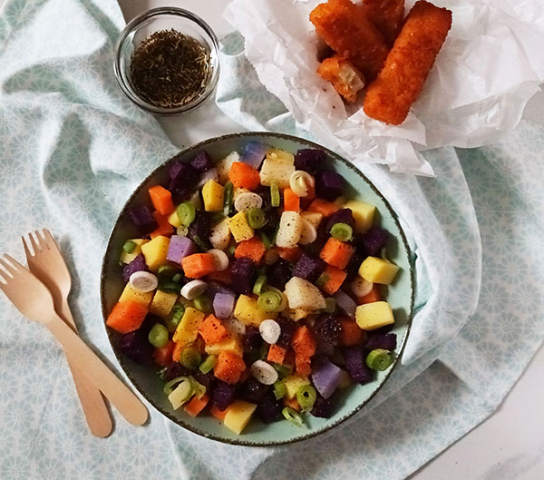 Rainbow Potato Salad ( no mayo ) is delicious twist on classic potato salad made without mayo. A bowl of colorful rainbow potatoes with Mediterranean dressing is healthy, vegan and gluten free.