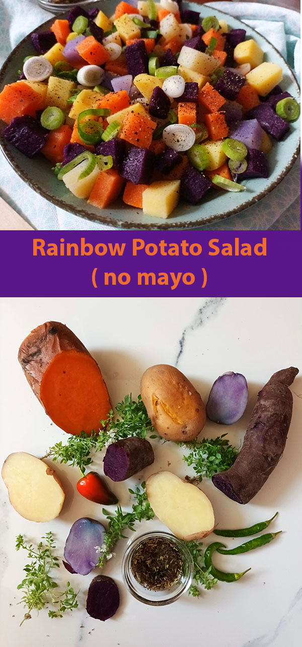 Rainbow Potato Salad ( no mayo ) is delicious twist on classic potato salad made without mayo. A bowl of colorful rainbow potatoes with Mediterranean dressing is healthy, vegan and gluten free.