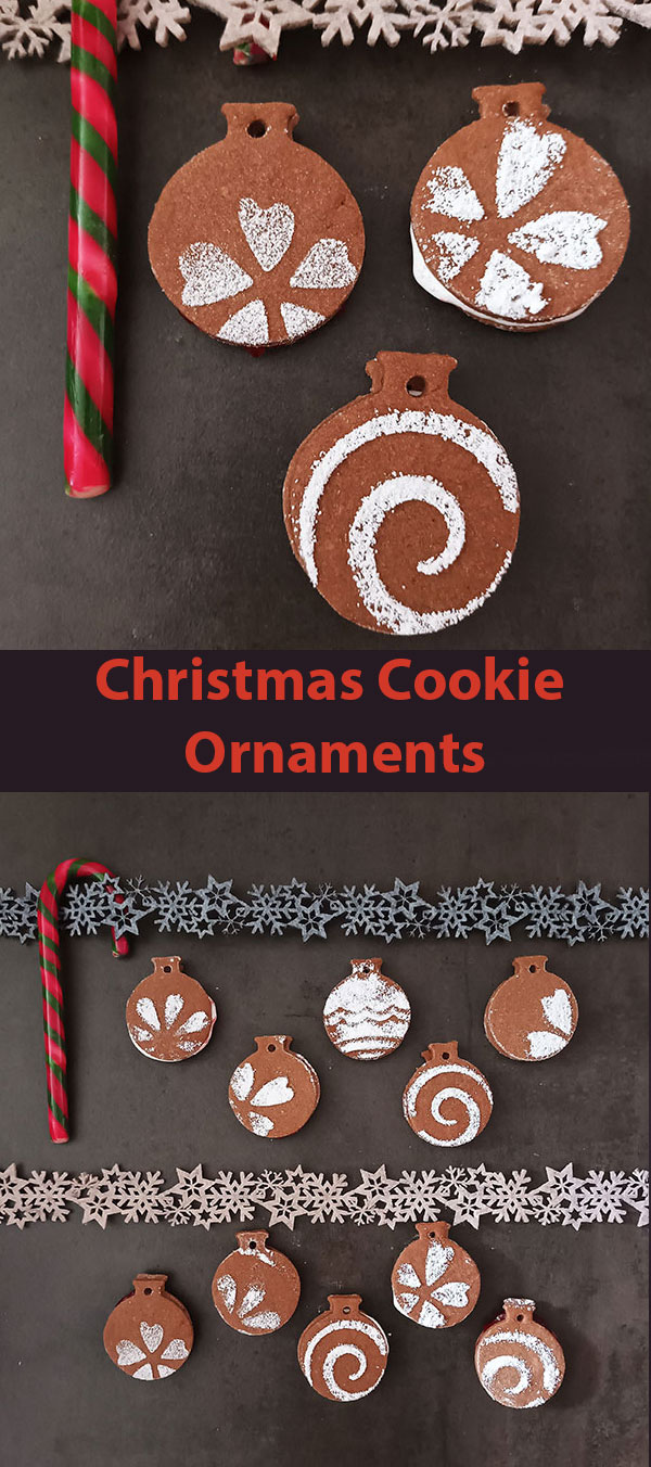 Christmas Cookie Ornaments are homemade sugar cookie Christmas ornaments. The process is exactly the same as if you make sandwich cookies recipe to serve on a platter. What is different is that you make a hole on the top of your Christmas ornaments to hang them and enjoy festive days!