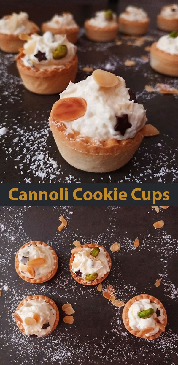 Cannoli Cookie Cups are mini cannoli cups. No bake easy holidays dessert recipe, ready to serve in 15 minutes.