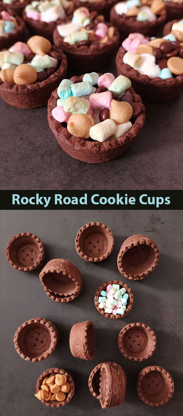 Rocky Road Cookie Cups are the best chocolate cookie cups topped with mini marshmallows, chocolate chips and peanut butter chips. Ready to serve in 12 minutes ! Rocky Road Cookie Cups are the best chocolate cookie cups topped with mini marshmallows, chocolate chips and peanut butter chips. Ready to serve in 12 minutes !