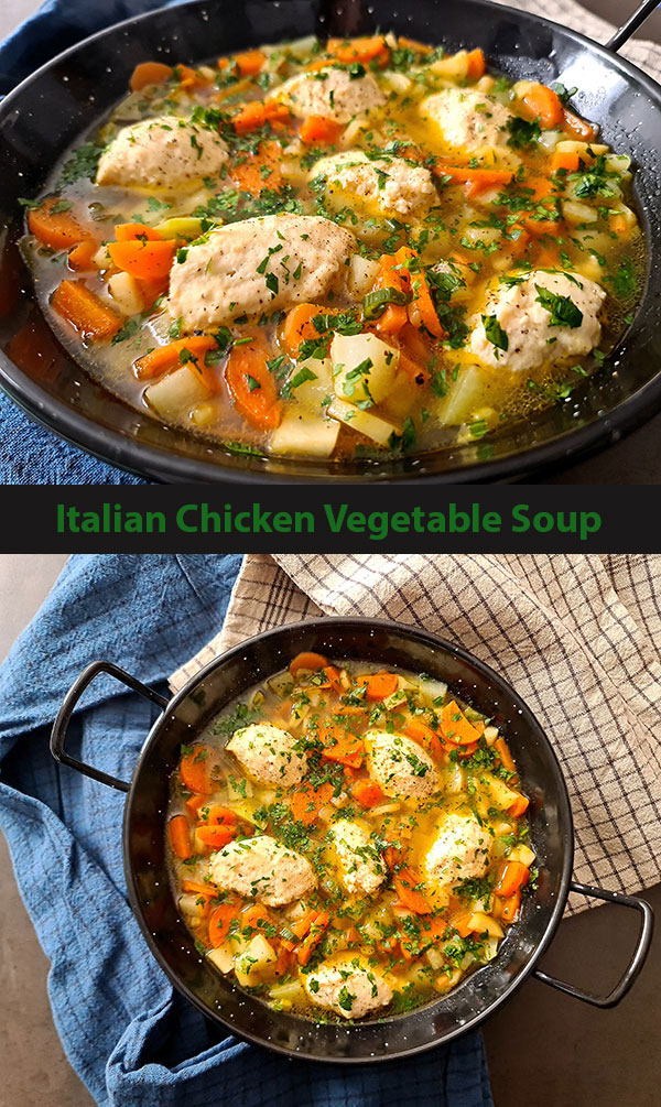 Italian Chicken Vegetable Soup with a twist: dumplings are made with lean chicken meat. Italian Chicken Vegetable Soup with a twist: dumplings are made with lean chicken meat.
