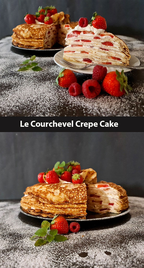 Le Courchevel Crepe Cake aka La Gâteau Courchevel is simple yet delicious French cake made with layers of crepes filled with light Mascarpone creme and your favourite berries. Le Courchevel Crepe Cake aka La Gâteau Courchevel is simple yet delicious French cake made with layers of crepes filled with light Mascarpone creme and your favourite berries.