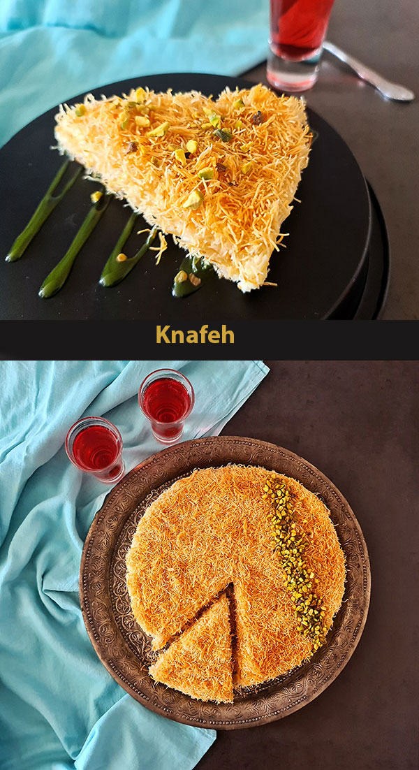 Knafeh is traditional Levant dessert made with kadayif, attar, and vanilla filling. Knafeh is traditional Levant dessert made with kadayif, attar, and vanilla filling.